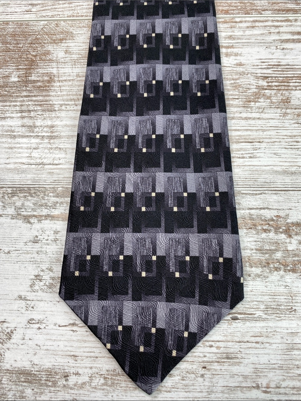 JF J. Ferrar Gray Black Geometric Grid 100% Silk Wide Vintage USA Made Necktie